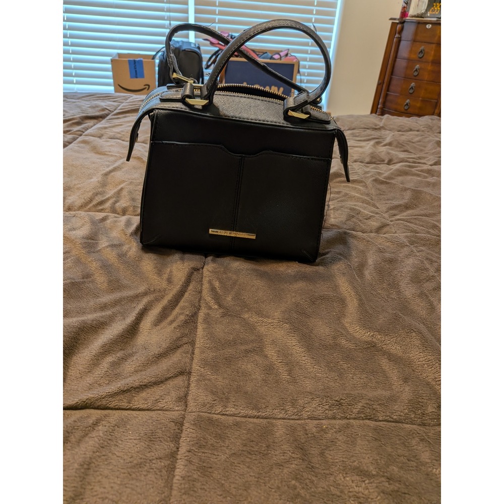 Steve Madden Black Saffiano Satchel Handbag Gold Tone Hardware Top Handle Bag